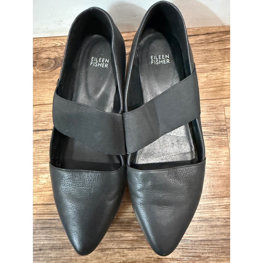 Eileen Fisher Black Leather Pointed Toe Elastic Strap Flats 9.5 Vero Cuoio